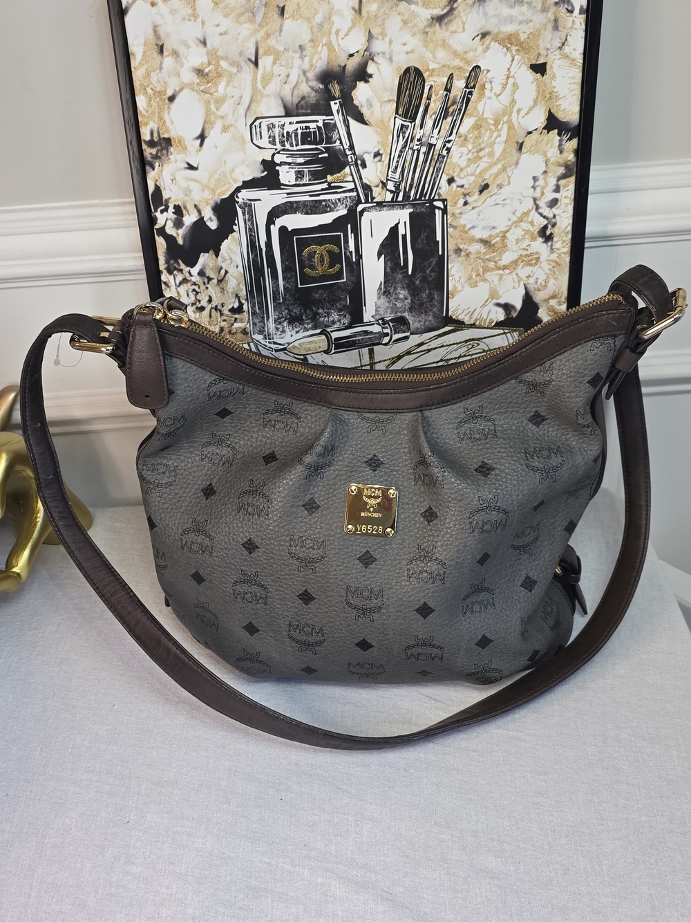 MCM Grey Visetos leather pleated hobo shoulder bagw with COA